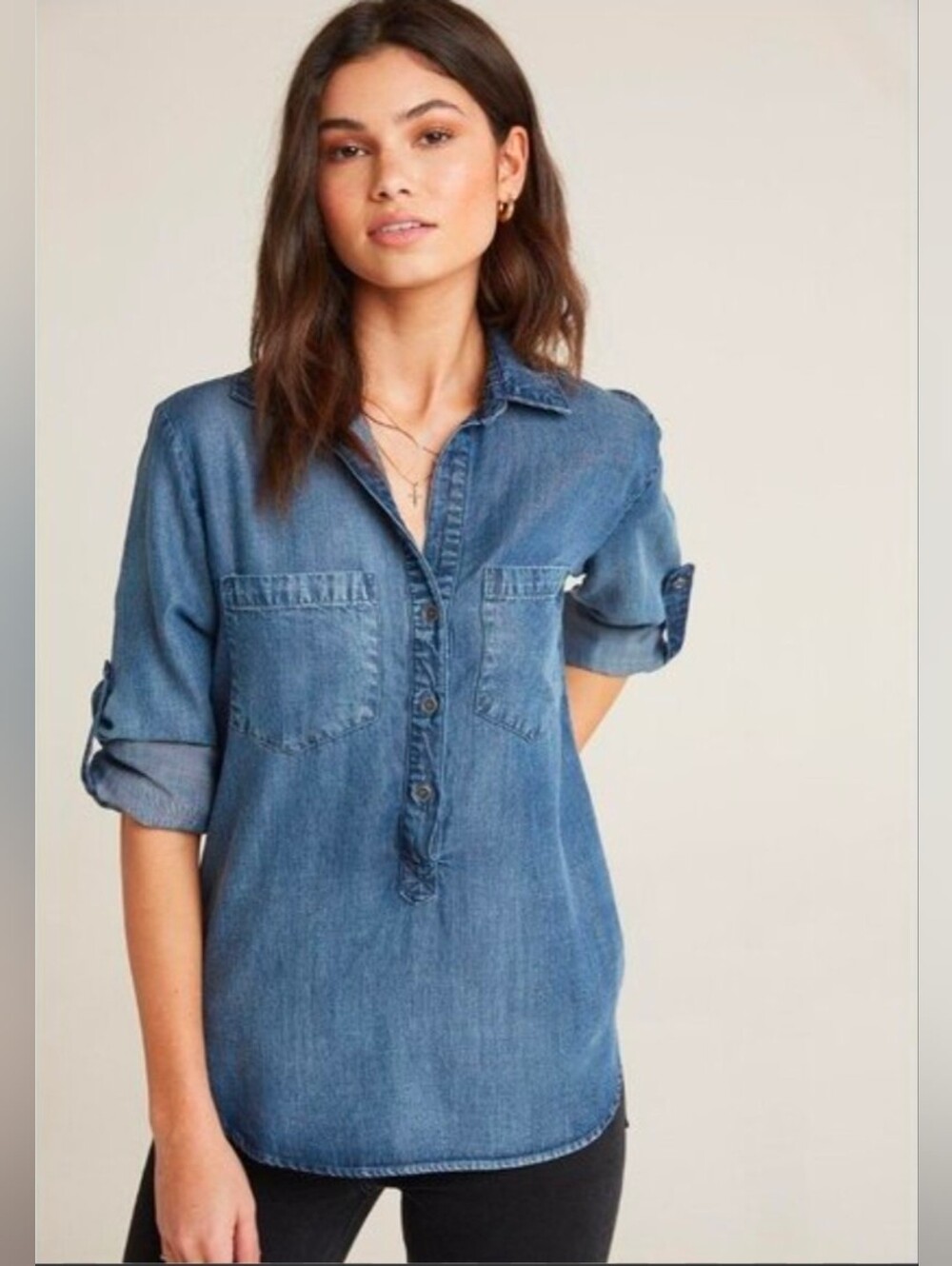 Anthropologie Cloth&Stone Denim Button-Front Tunic Shirt - Blue Size S